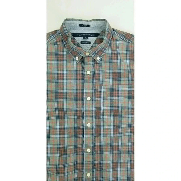 Tommy Hilfiger Custom Fit Melange Size Medium Mens Gray Red Blue Check Cuff Logo - Picture 11 of 11